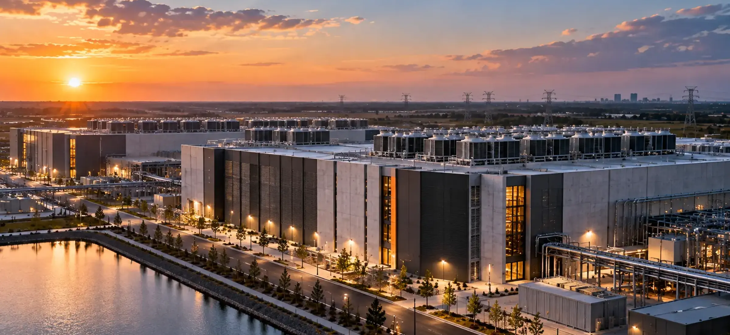 A data center campus at sunset, with rooftop cooling plant, transmission lines and a lake beside the access road