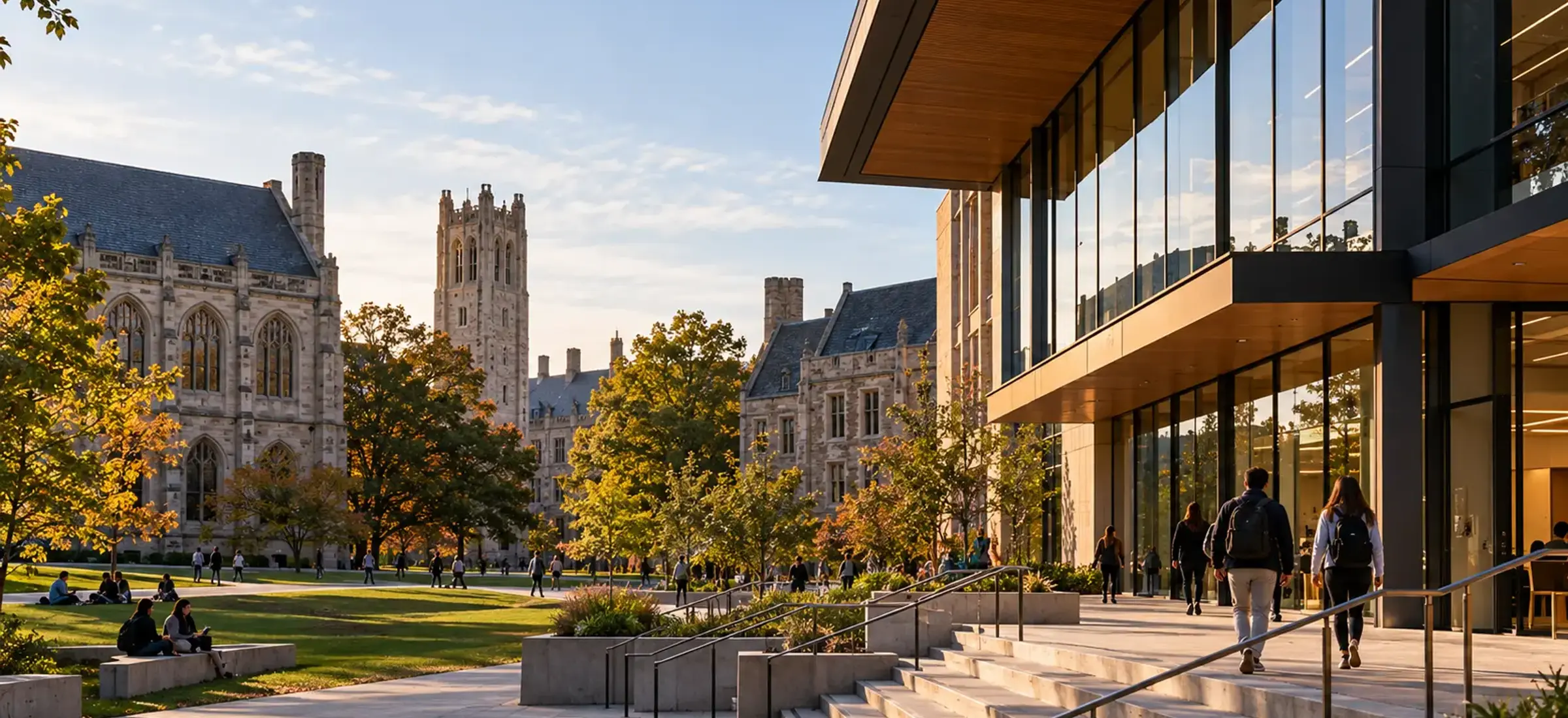 A university quad in autumn light, with Gothic stone halls beside a modern glass academic building