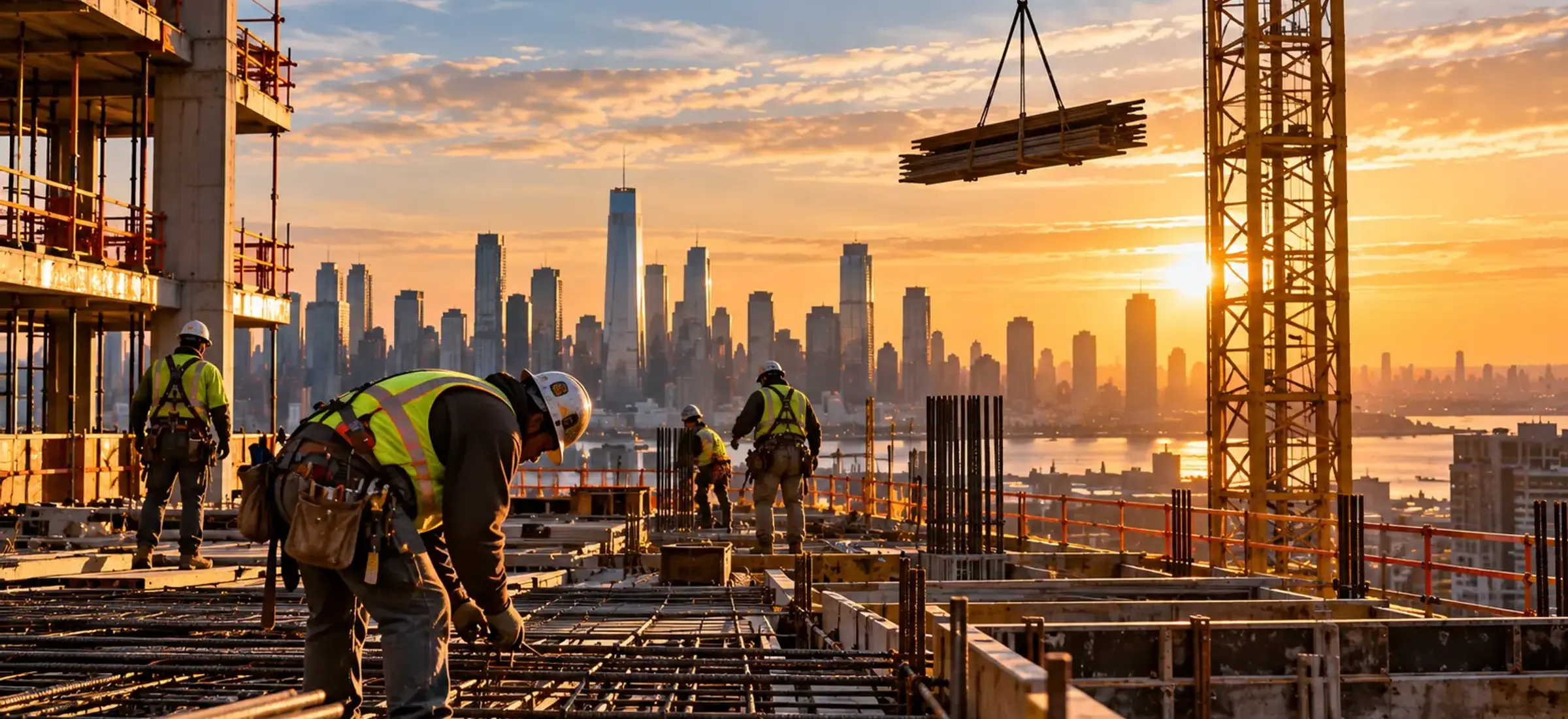 Construction workers tying rebar on an upper deck at sunrise, with a crane lifting materials and the Manhattan skyline behind