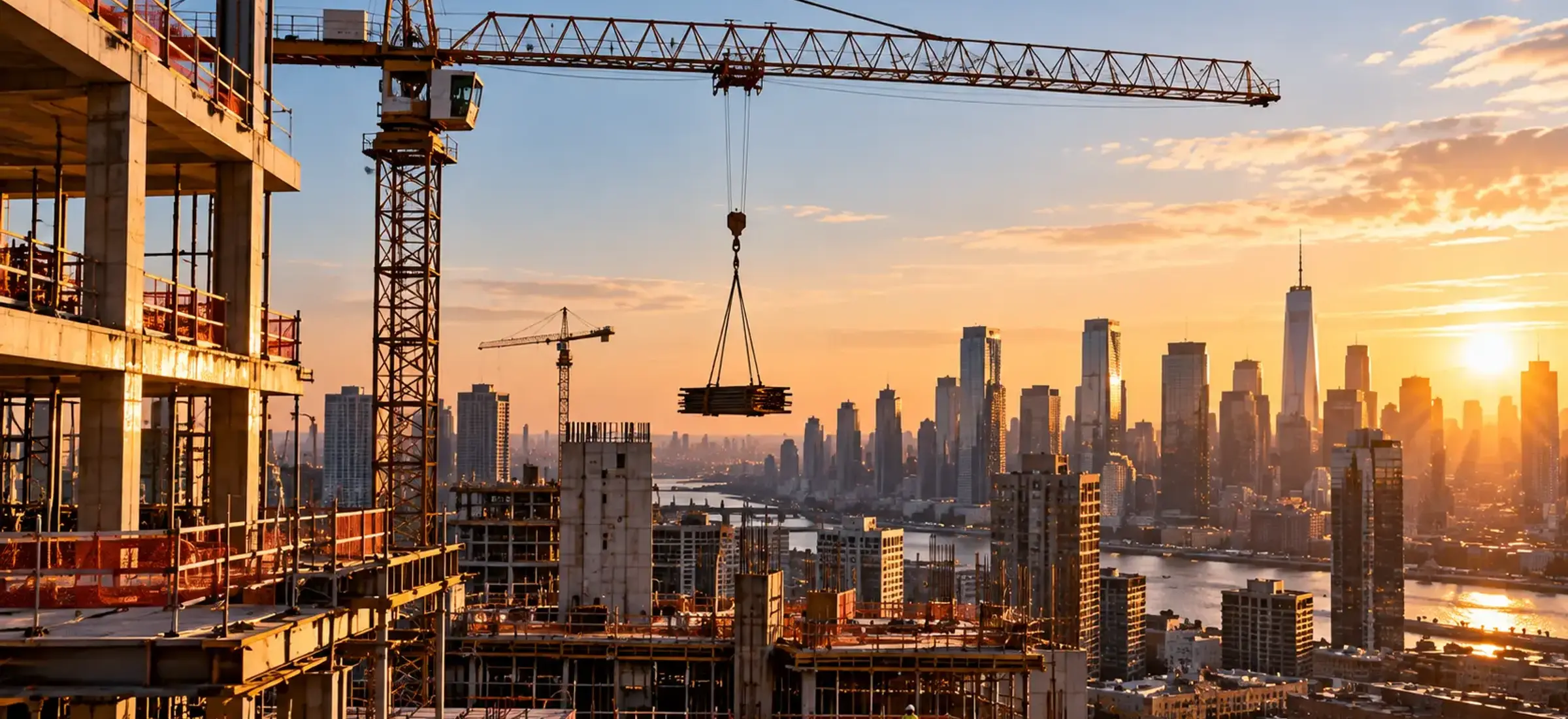 Tower cranes over a high-rise construction site, with the Manhattan skyline at sunset